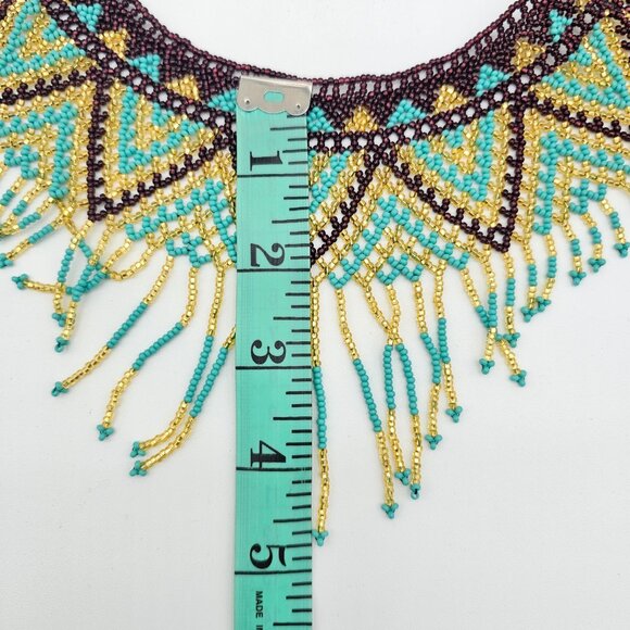 Huichol Beaded Collar Necklace| Handmade Purple, Turquoise & Gold – New from Mex - Picture 6 of 16